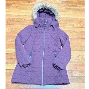 Marc New York Women's Purple Quilted Jacket Fur Trim Hood Size Small Faux Down